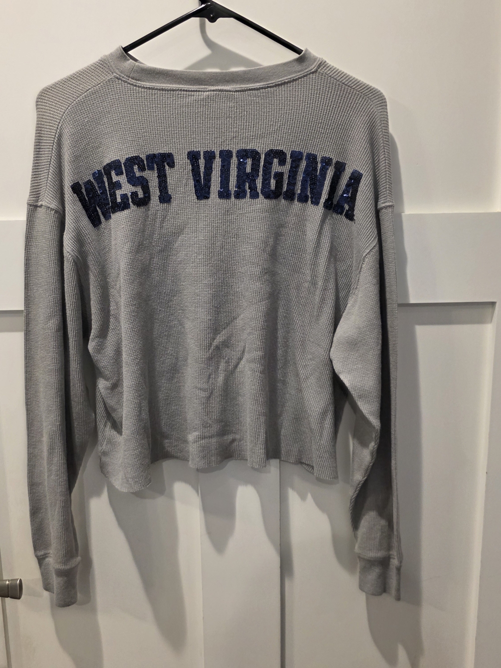PINK VS West Virginia University Mountaineers WVU Gray Cropped Sequin Spellout S